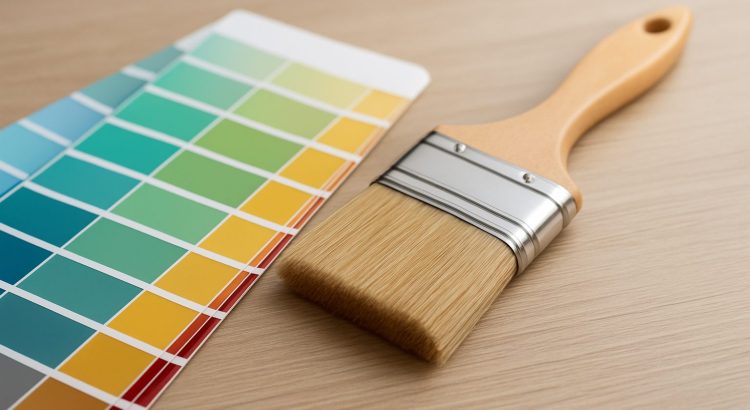 A paintbrush resting next to a color palette on a wooden surface.